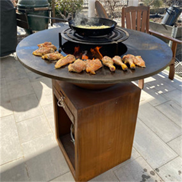 Picnic Cooking Corten Steel Metal Barbecue Grill With Woodstorage